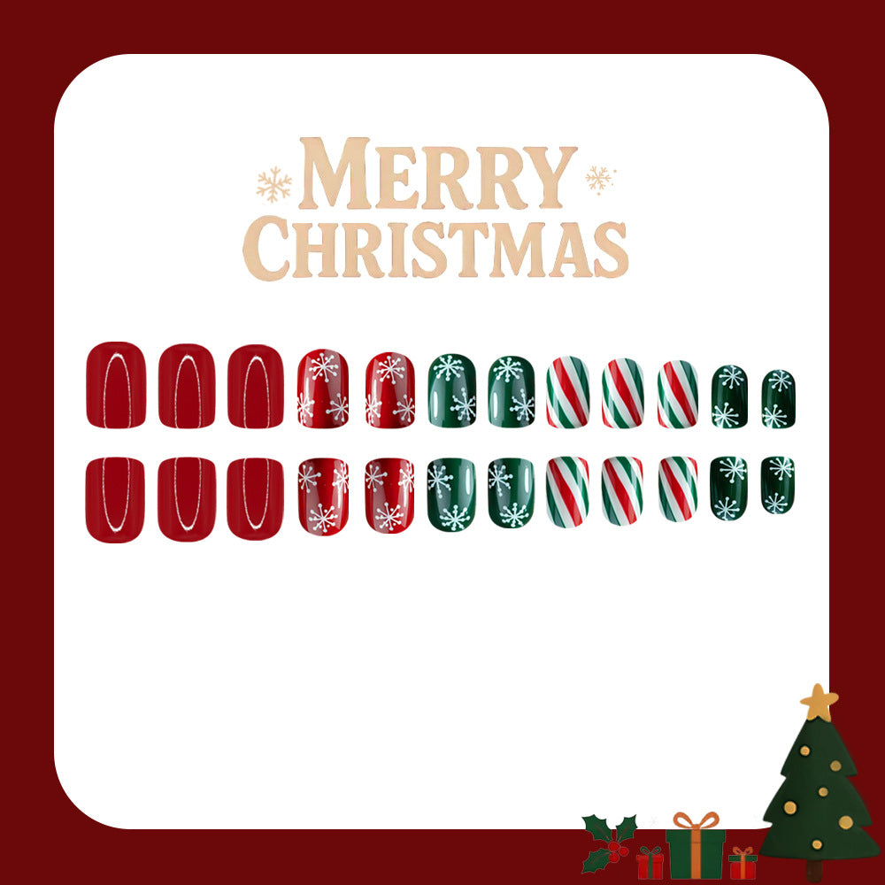 24pcs/Set Red & Green Striped Snowflakes Press-On Nails