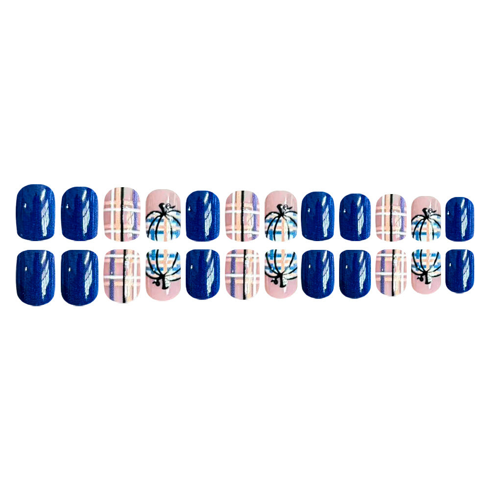 24pcs/Set Dark Blue Plaid Pumpkins Press On Nails