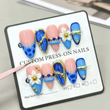 (Handmade) 10pcs/Set Blue 3D Sculpted Floral French Press-On Nails