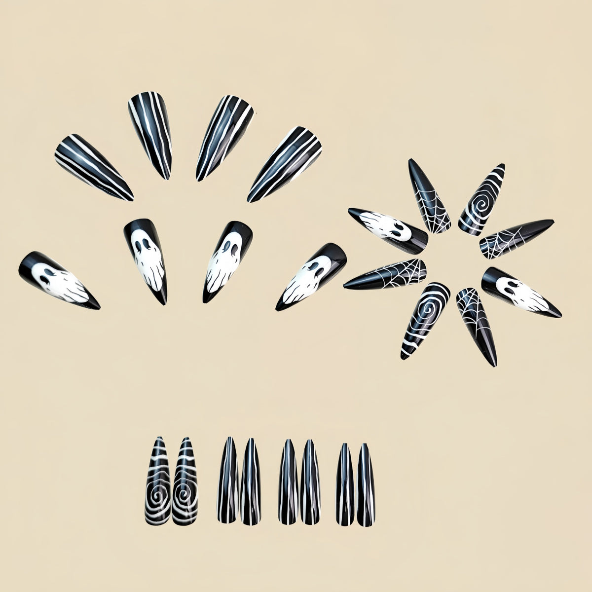 24pcs/Set Black Ghost, Stripes & Spider Web Press On Nails