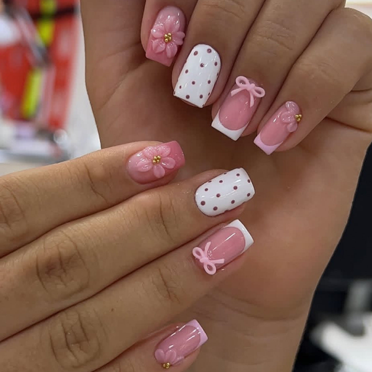24pcs/Set 3D Floral Rhinestones with Sweet Bows Press-On Nails