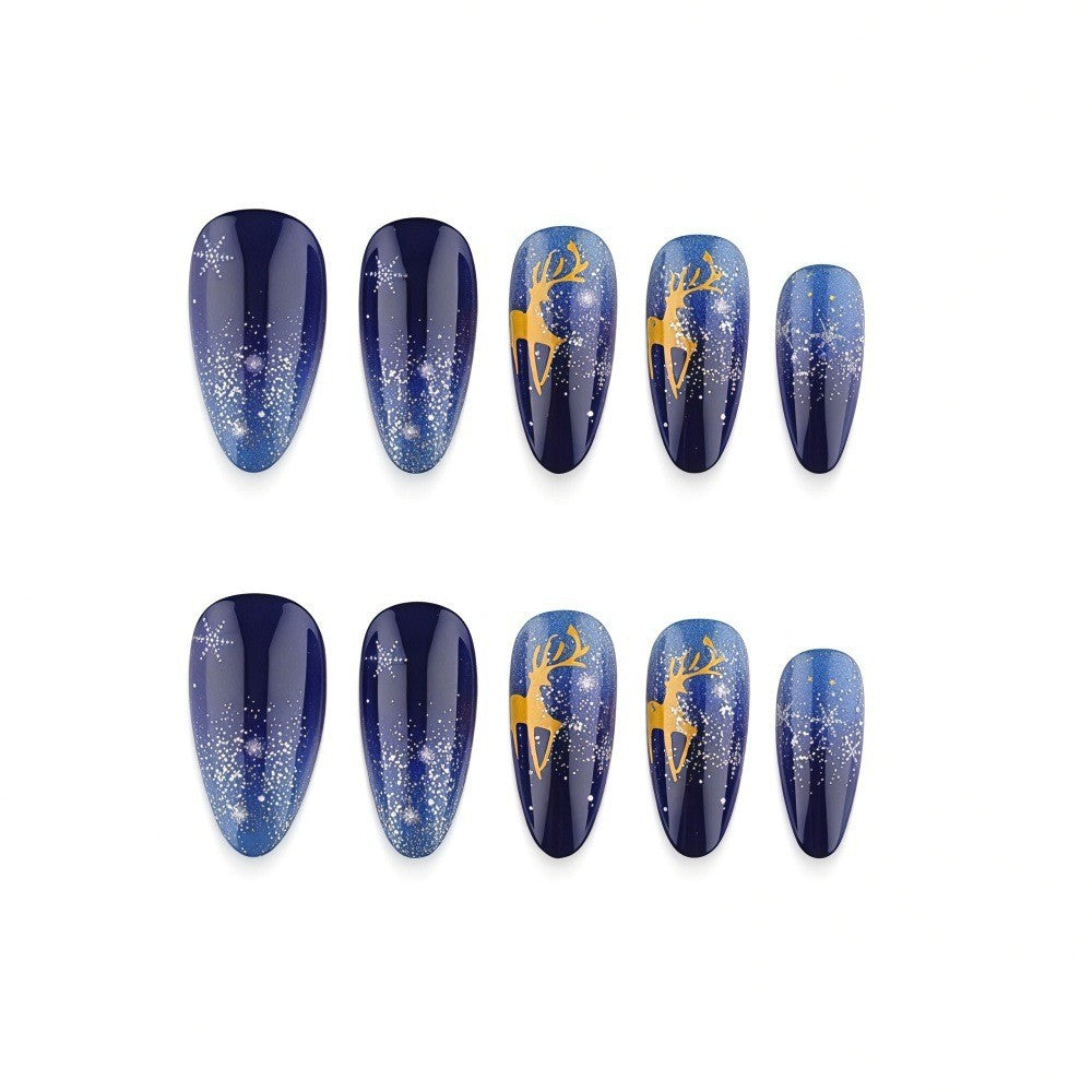 24pcs/Set Blue & Black Ombre Reindeer Press On Nails