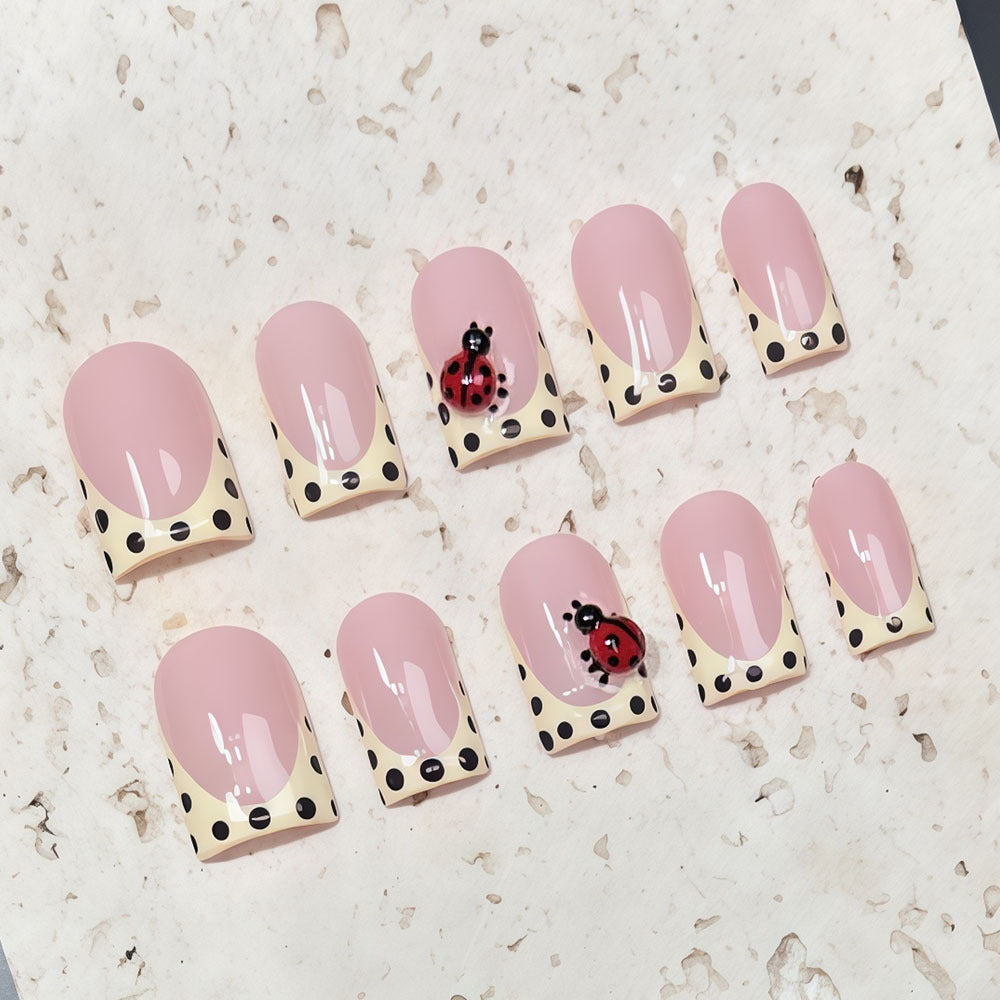 (Handmade) 10pcs/Set Yellow French French Tip Polka Dot Ladybug Press-On Nails