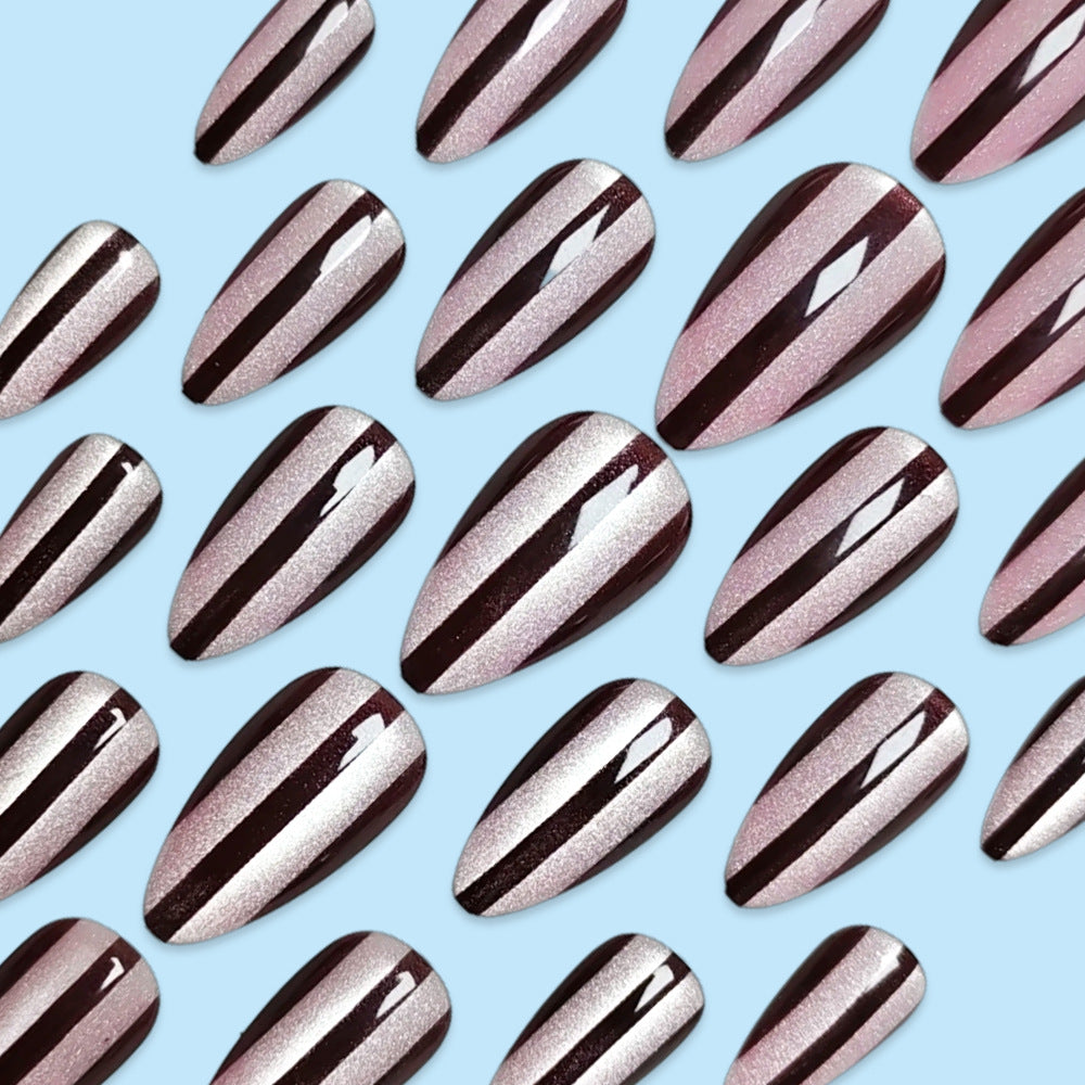 28pcs/Set Vintage Burgundy Striped Cat Eye Press-On Nails