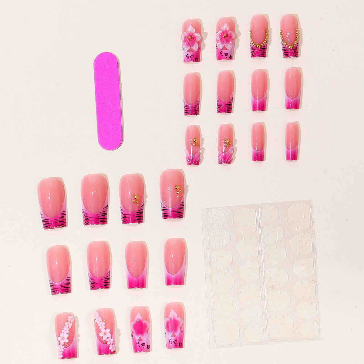 24pcs/Set Leopard French Tip 3D Flower Press-On Nails