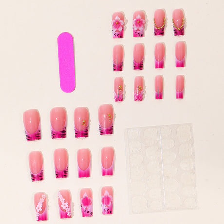 24pcs/Set Leopard French Tip 3D Flower Press-On Nails