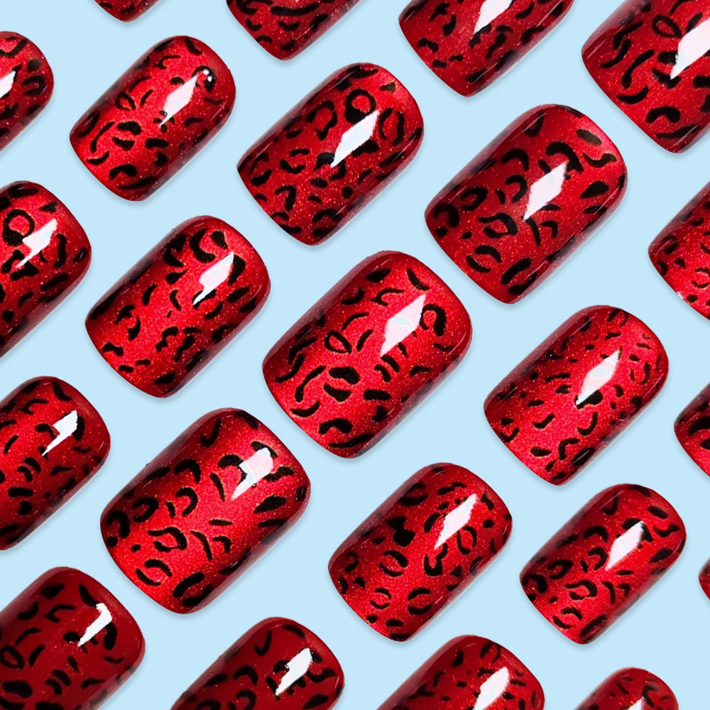 24pcs/Set Burgundy Cat Eye & Red Leopard Print Press-On Nails