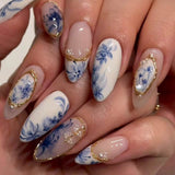 24pcs/Set 3D Gold-Accented Blue Flowers Press On Nails