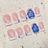 (Handmade) 10pcs/Set 3D Blue Flower Press-On Nails