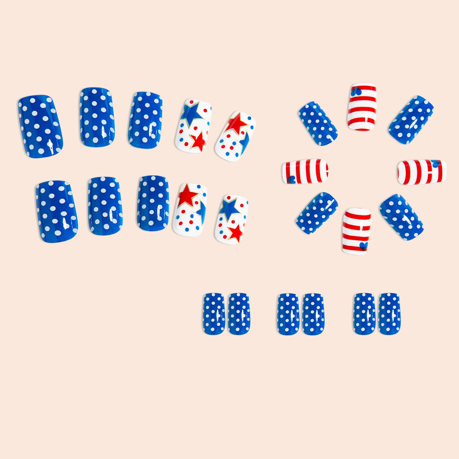 24pcs/Set Red, White and Blue Striped Hearts Press-On Nails
