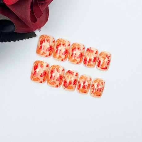 24pcs/Set Red Ombre Maple Leaves Press On Nails