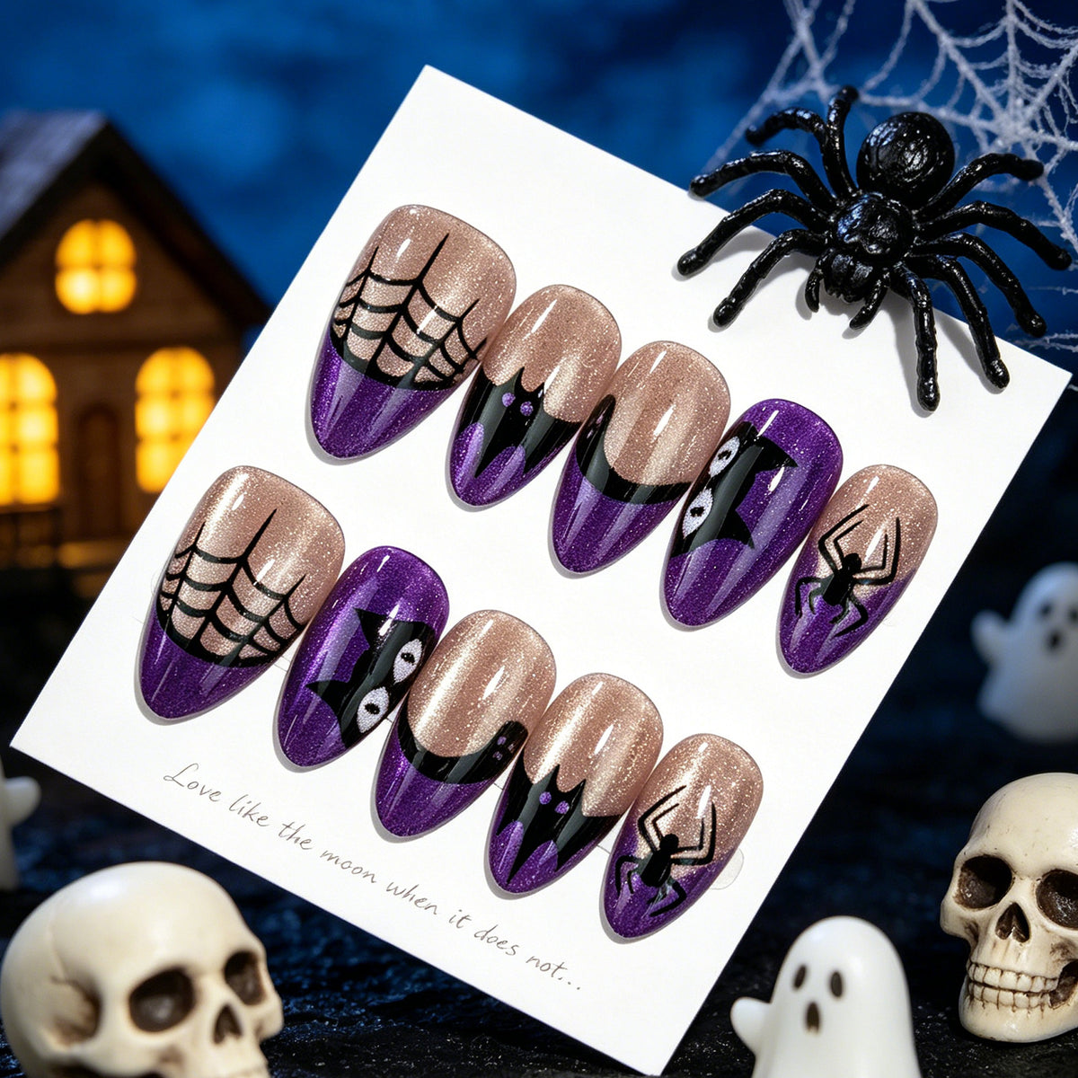 30pcs/Set Cat-Eye Spiderweb & Bat French Tips Press On Nails