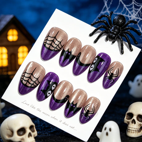 30pcs/Set Cat-Eye Spiderweb & Bat French Tips Press On Nails