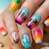 24pcs/Set Beach Sunset Gradient with Palm Trees & Pineapple Press-On Nails