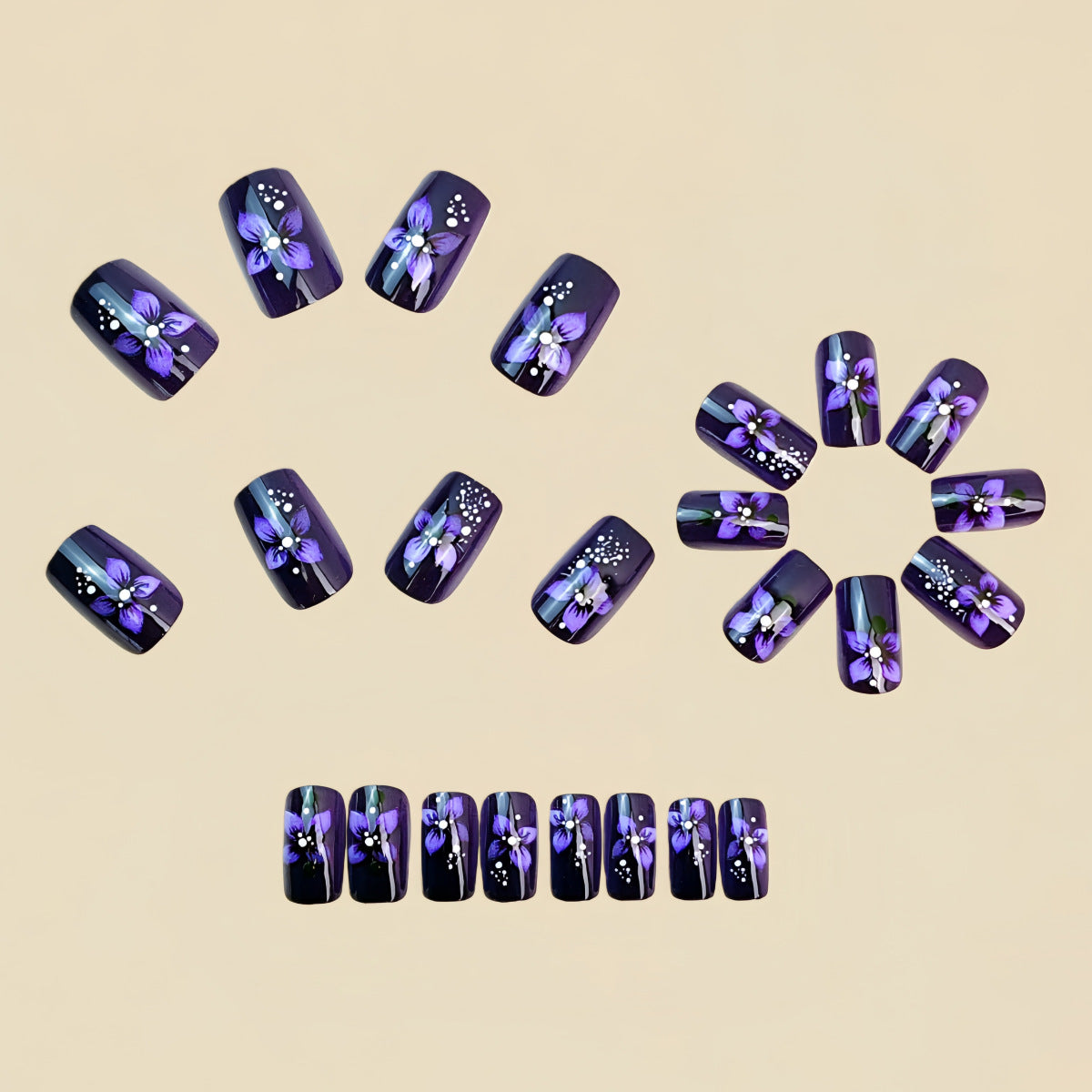 24pcs/Set Purple Floral Bloom Press-On Nails