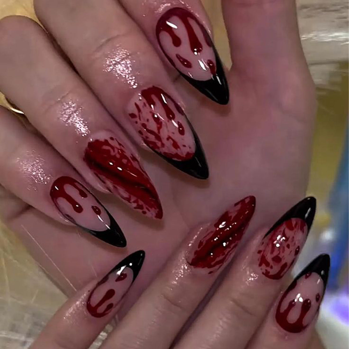 24pcs/Set Black French Tip with Blood Drips Press On Nails