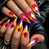 24pcs/Set Pink Diamond-Shaped Chrome Press-On Nails