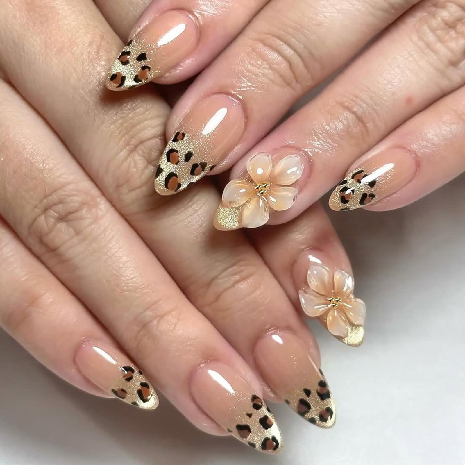 24pcs/Set Gradient Leopard Cat-Eye French Floral Press-On Nails