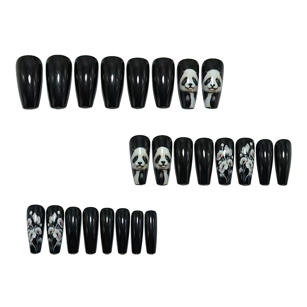 24pcs/Set Black Panda & Floral Press-On Nails