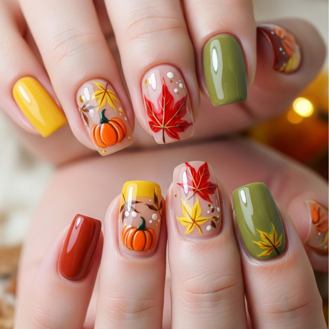 24pcs/Set Maple Leaf Pumpkin Press On Nails