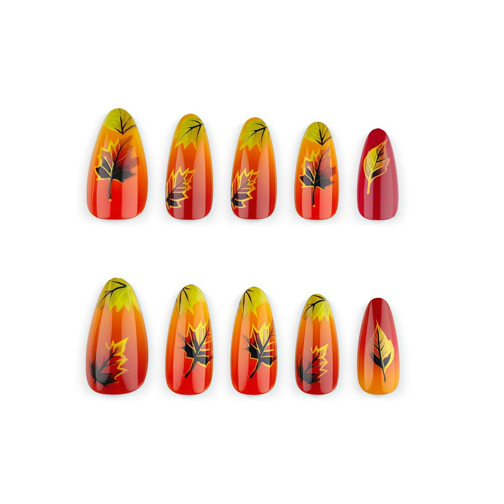 24pcs/Set Red-Orange Gradient Maple Leaves Press On Nails