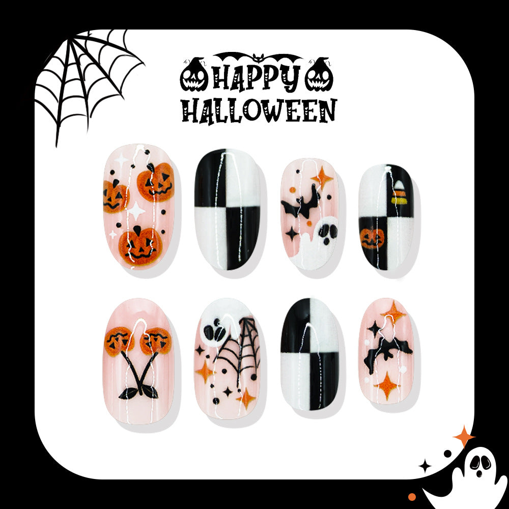24pcs/Set Pumpkin Ghost Black & White Checkerboard Press On Nails