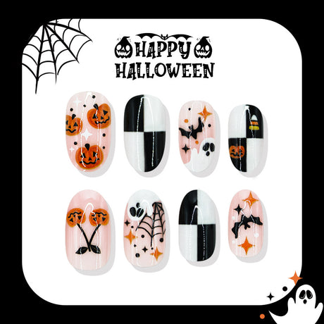 24pcs/Set Pumpkin Ghost Black & White Checkerboard Press On Nails