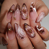 24pcs/Set French Tip Gold Foil 3D Floral Press-On Nails