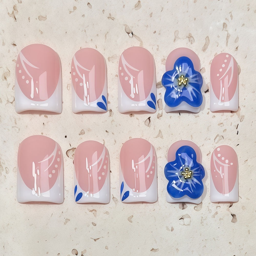 (Handmade) 10pcs/Set 3D Blue Flower Press-On Nails