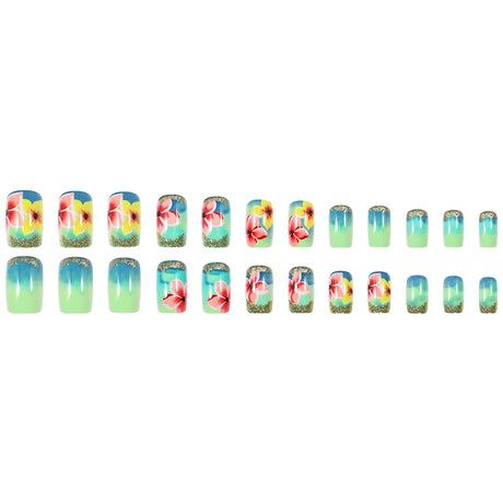 24pcs/Set Lake Blue Pink & Yellow Floral Press On Toe Nails