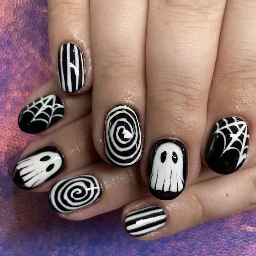 24pcs/Set Black & White Ghost Spider Web Press On Toe Nails