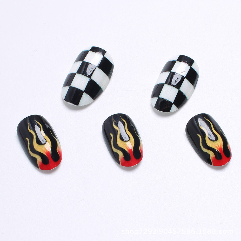 24pcs/Set Checkerboard Flames Press-On Nails