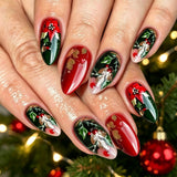 24pcs/Set Red & Green Floral Christmas Press On Nails