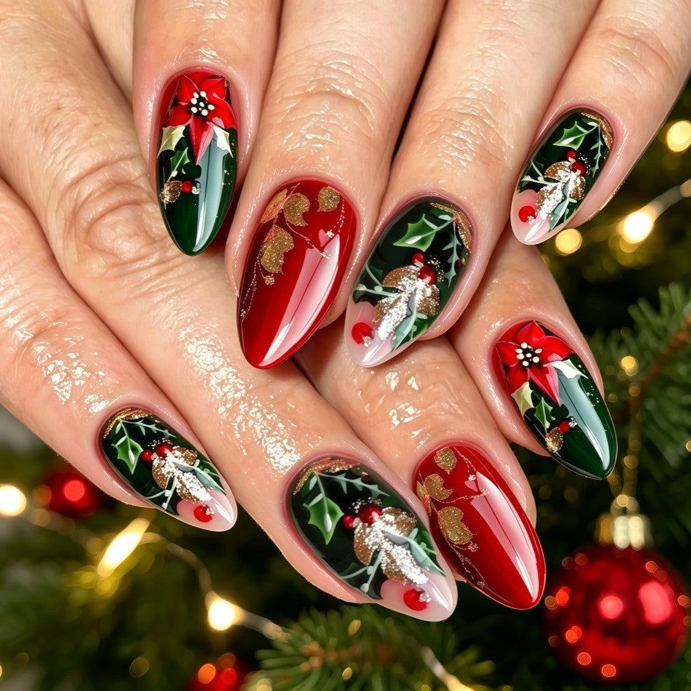24pcs/Set Red & Green Floral Christmas Press On Nails