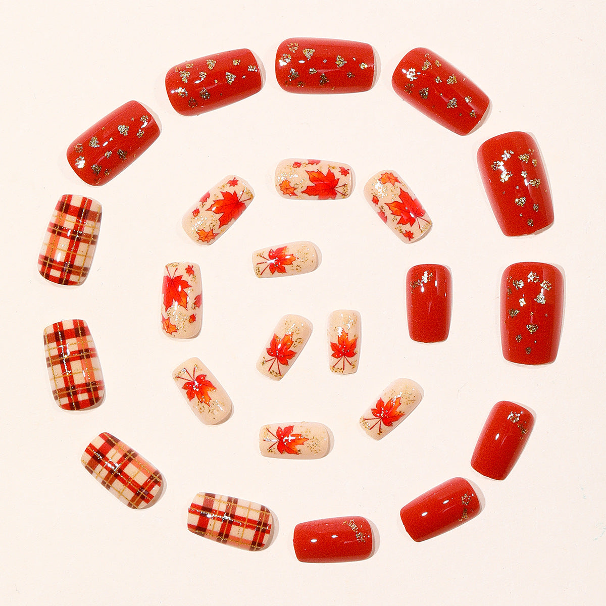 24pcs/Set Vintage Maple Leaf Plaid Press On Nails
