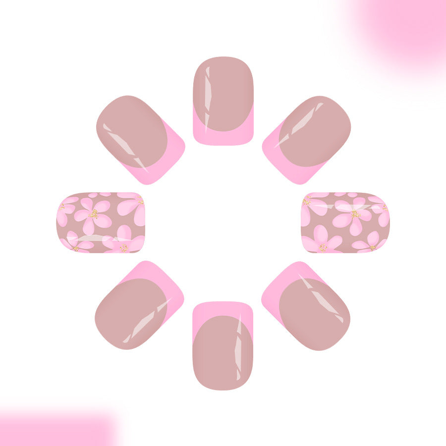 24pcs/Set Pink Floral French Tip Press On Nails