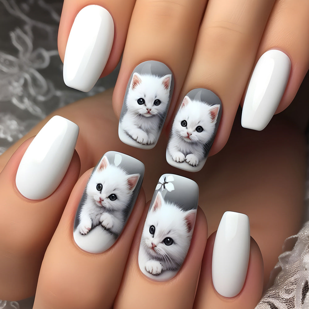 24pcs/Set White Cat Press On Nails