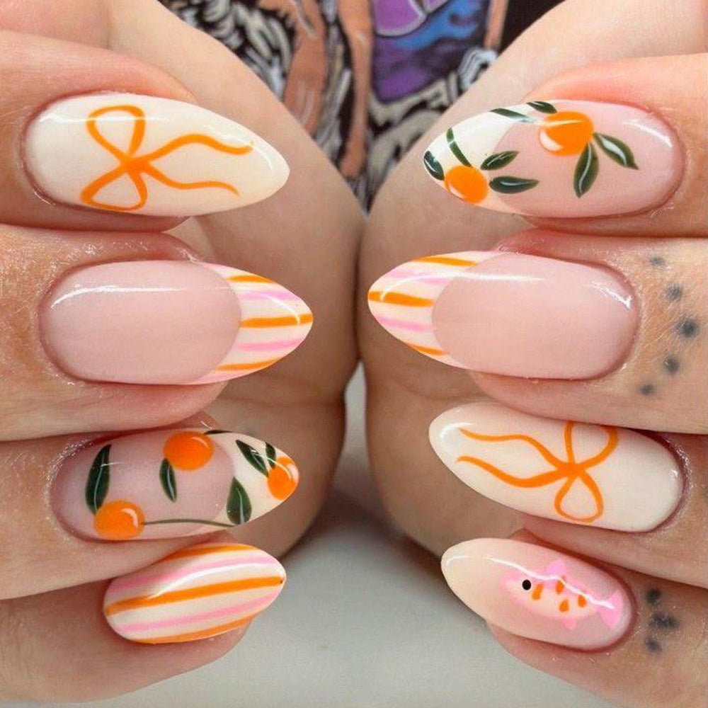 24pcs/Set Orange French Tip with Bow Press On Nails