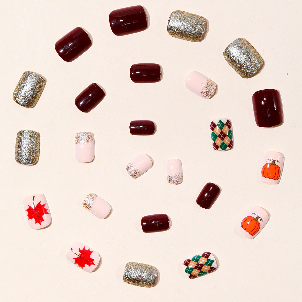 24pcs/Set Fall Red Glitter Maple Leaves Press On Nails