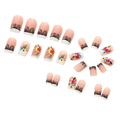 24pcs/Set Watercolor Floral French Black Lace Press-On Nails
