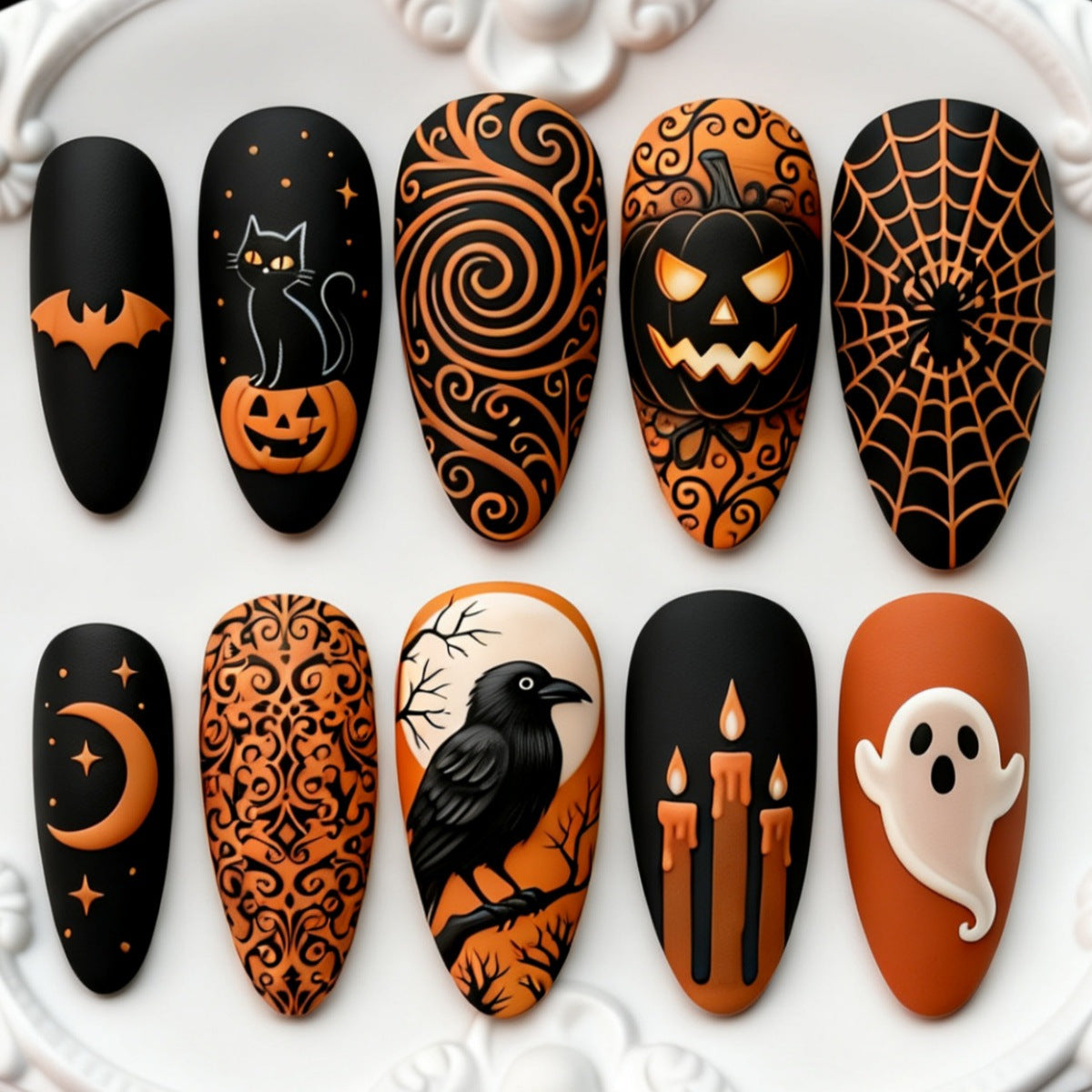30pcs/Set Ghost, Raven, Black Cat & Pumpkin Press On Nails