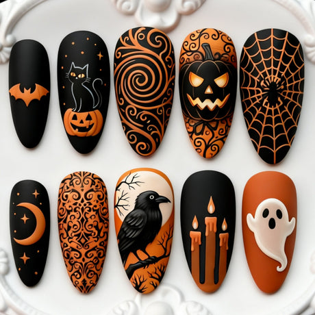 30pcs/Set Ghost, Raven, Black Cat & Pumpkin Press On Nails