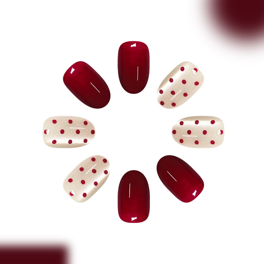 24pcs/Set Burgundy Cat Eye with Polka Dots Press On Nails