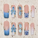 (Handmade) 10pcs/Set Blue French Tip 3D Flower Press-On Nails