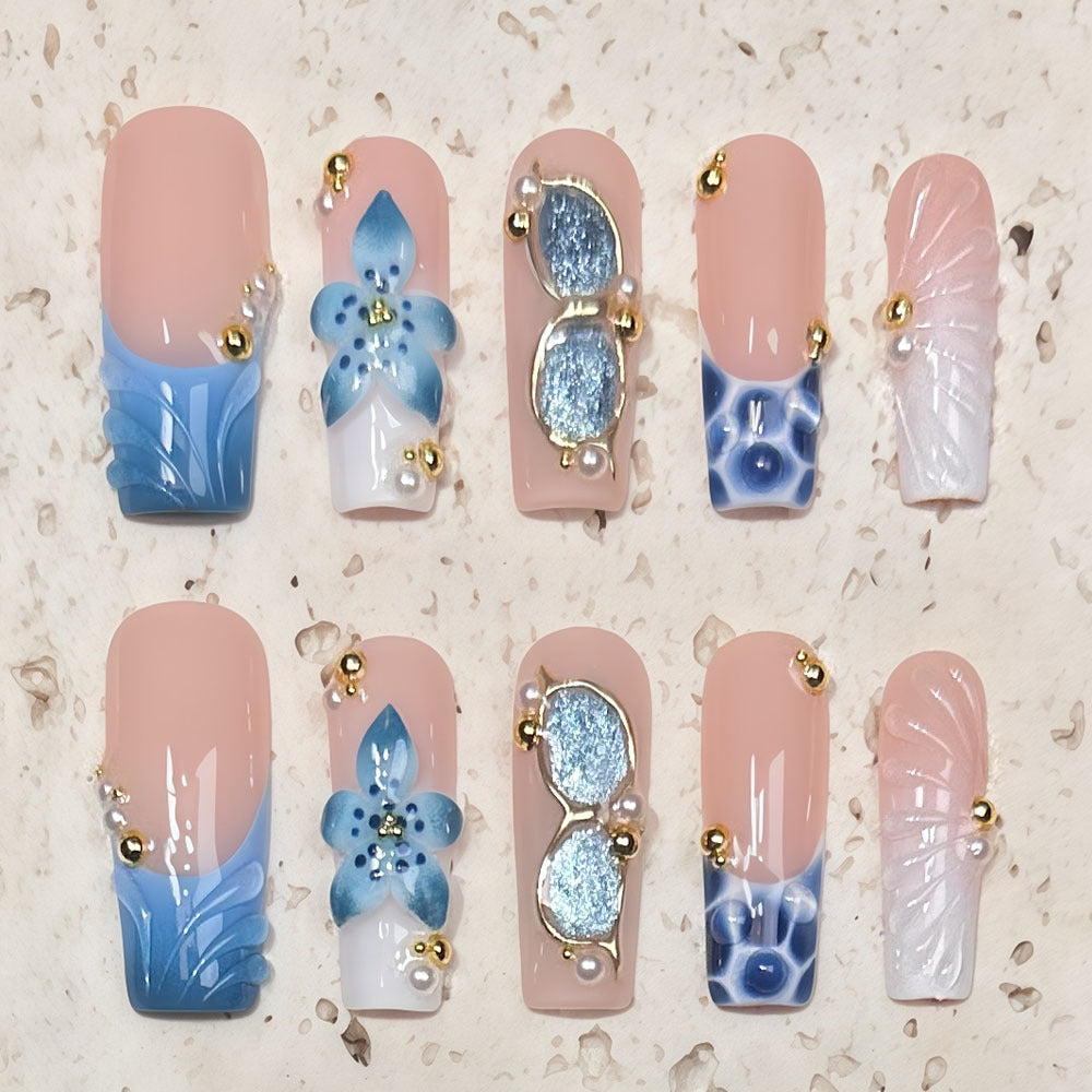 (Handmade) 10pcs/Set Blue French Tip 3D Flower Press-On Nails