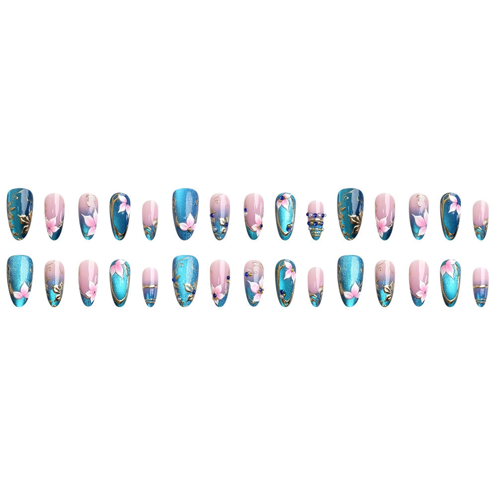 24pcs/Set Blue Cat Eye 3D Gilded Pink Floral Press-On Nails