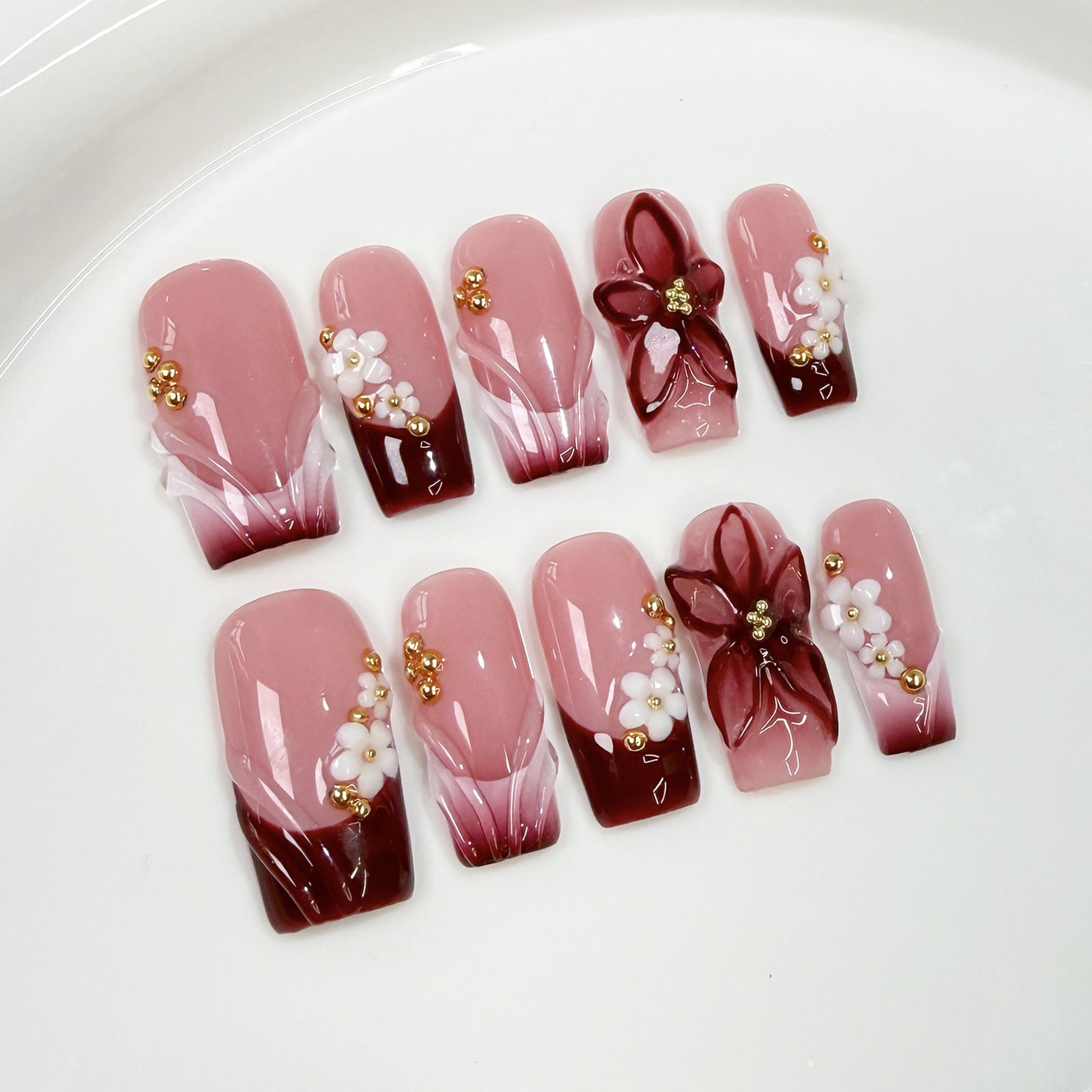 (Handmade) 10pcs/Set 3D Sculpted Brown French Press-On Nails