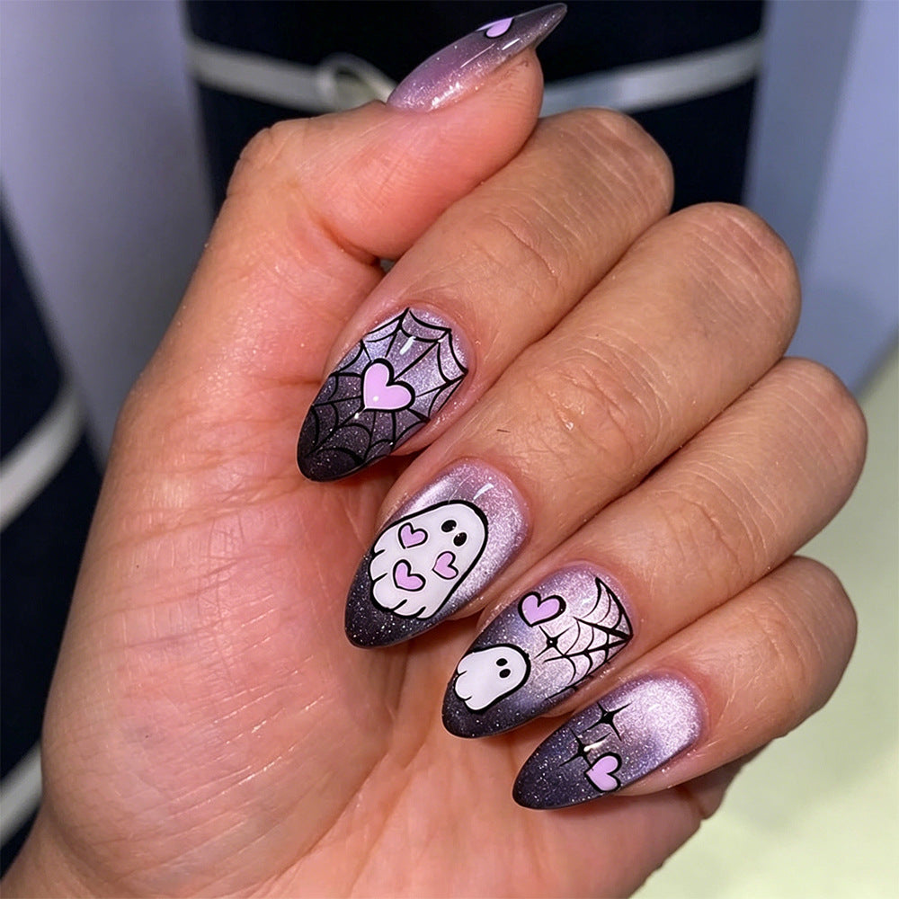 24pcs/Set Purple Ombre Spiderweb Ghost Press On Nails