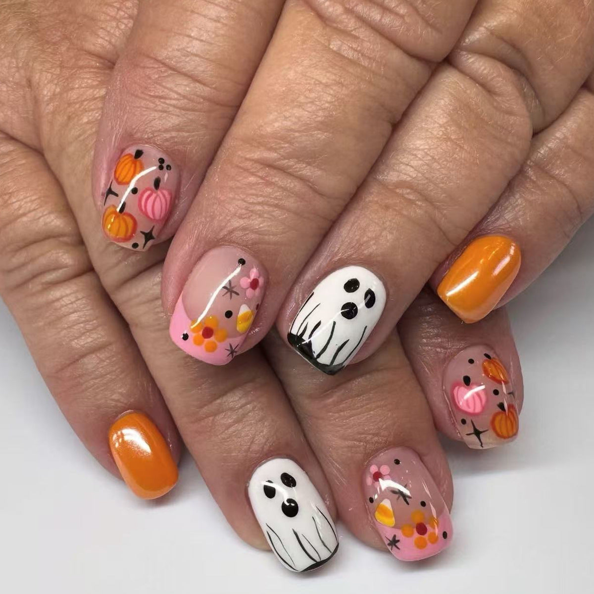 24pcs/Set Pumpkin, Ghost & Floral Press On Nails