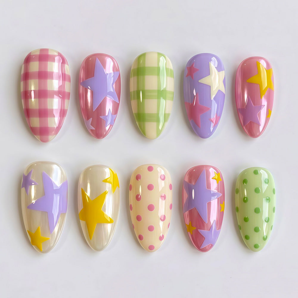 24pcs/Set Checkerboard Polka Dot Star Press On Nails